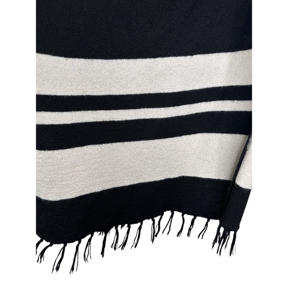 FRAME Baby Alpaca Poncho Block Striped Fringe Black Bone Hooded Cape Cozy Knit - Picture 4 of 10